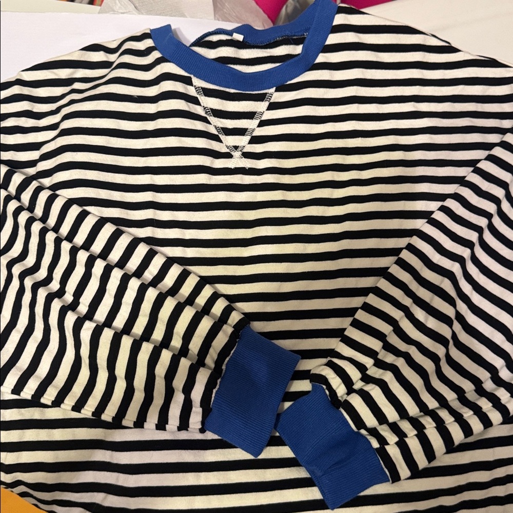 Striped Black and White Sweater with Blue Accents